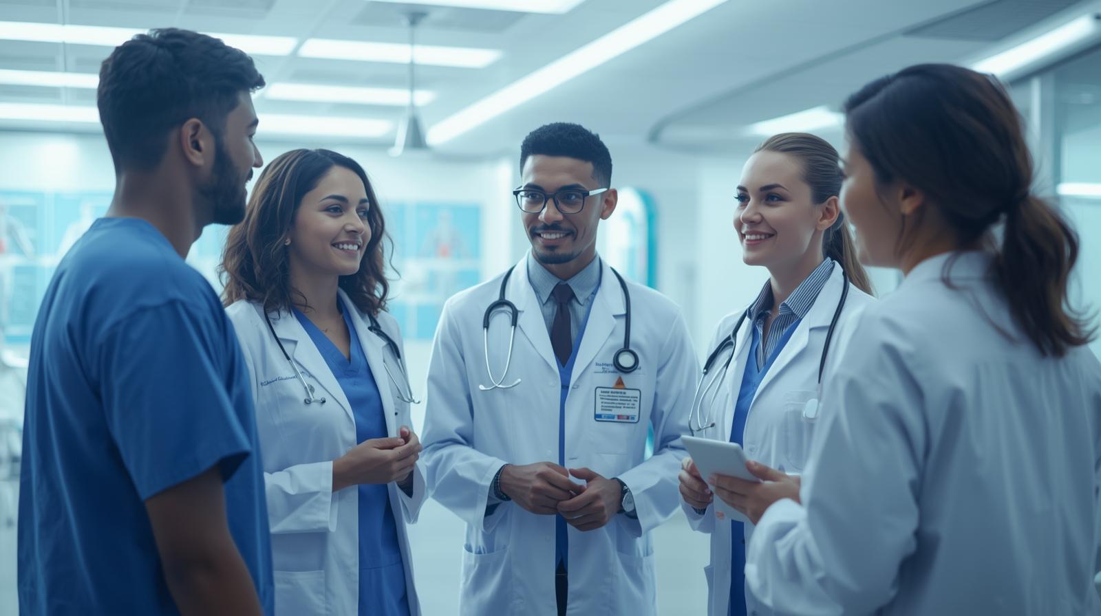 Clinicians in discussion in a hospital corridor