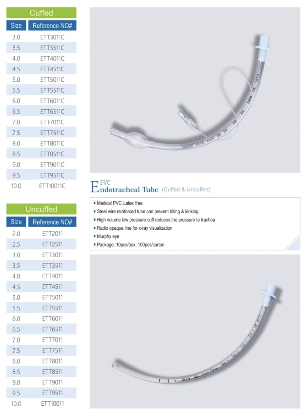PVC Endotracheal Tube (Cuffed & Uncuffed) specification sheet — cuffed sizes 3.0 to 10.0 mm and uncuffed sizes 2.0 to 10.0 mm with reference numbers